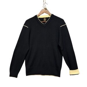 Vtg Mens Sz L V Neck Pullover Sweater Black 100% Wool Ribbed Knit Contrast‎ Cuff
